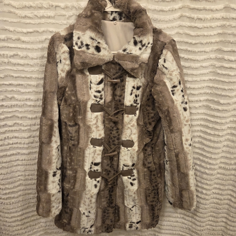 Dennis Basso Reversible Faux Fur Toggle Coat Beige Brown‎ Penny Lane XXS